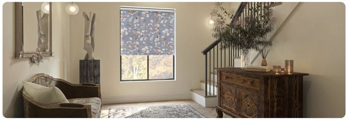 Blue printed roller blind in a hallway window