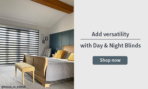 Day & Night banner with Customer image of a Day & Night blind in a bedroom